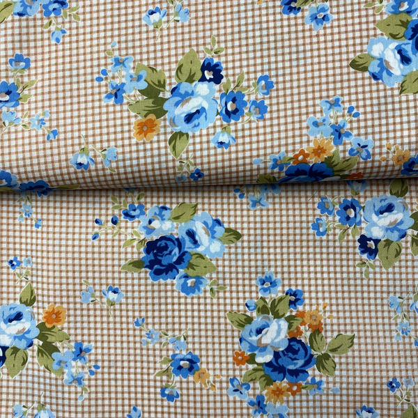 Coton à carreaux et fleurs bleues