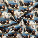 Tissu jersey chevaux fond bleu