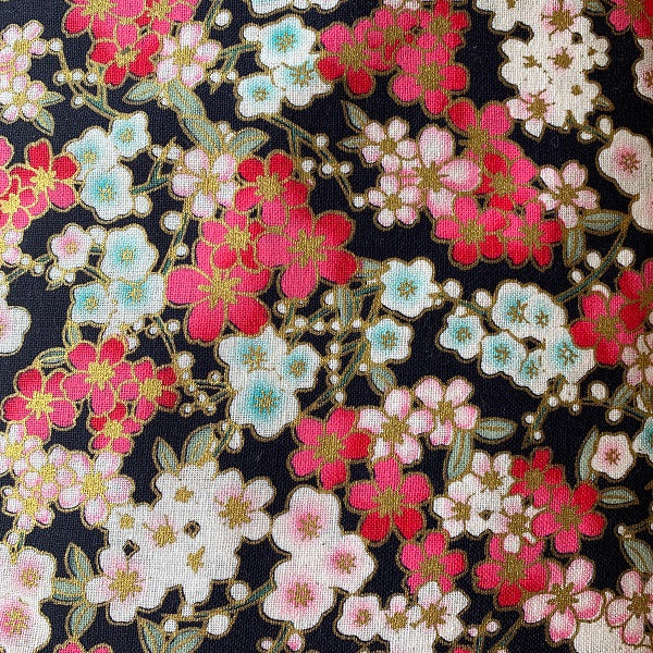 Tissu motifs cerisier du japon fond noir