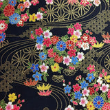 Coton japonais noir fleurs multicolores